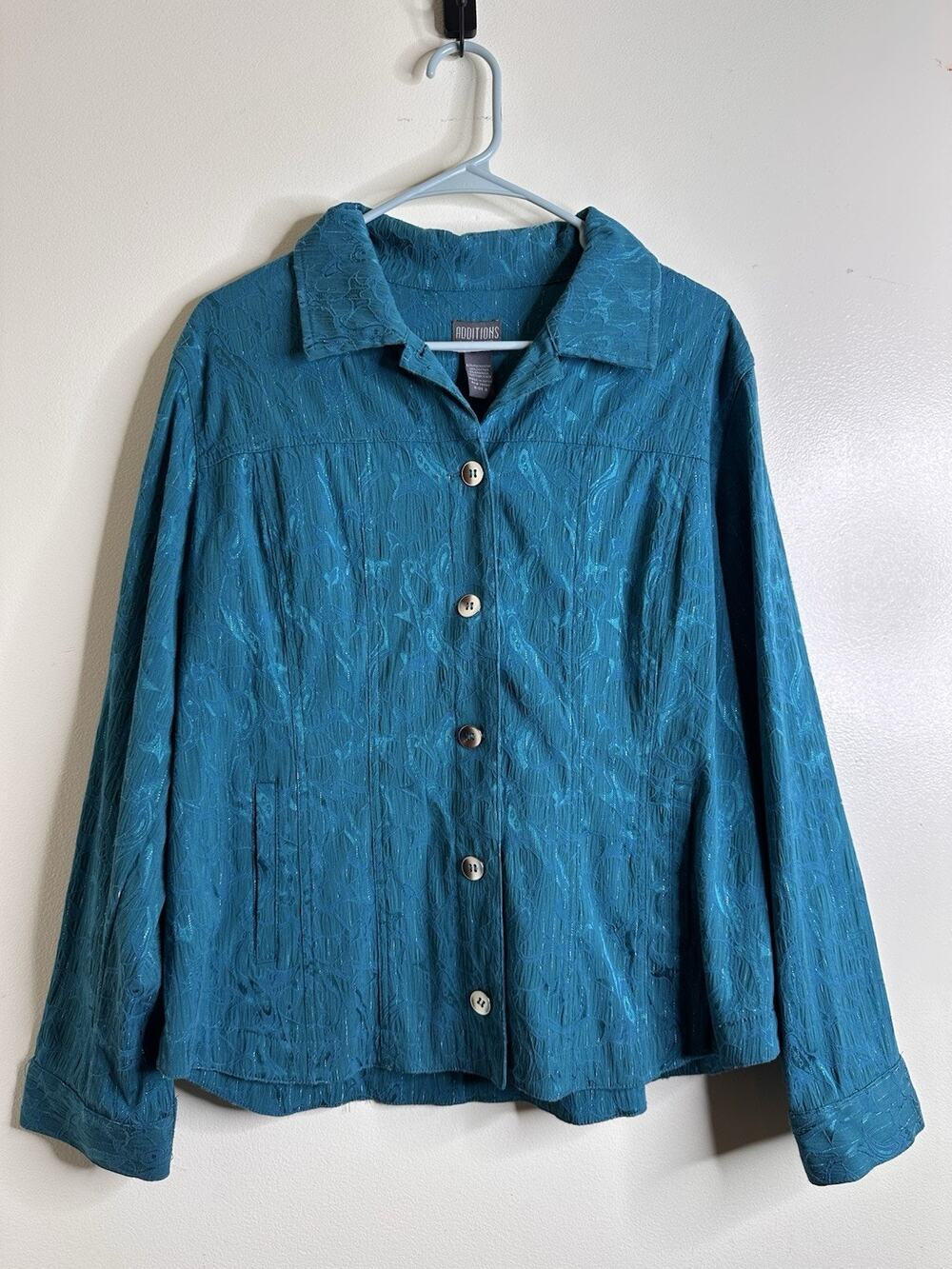 ADDITIONS by CHICO’S Turquoise Mid Weight Button Front Jacket Size 2 US 12 Embro